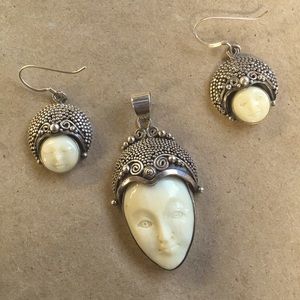 Sterling silver & bone face pendant & earrings set